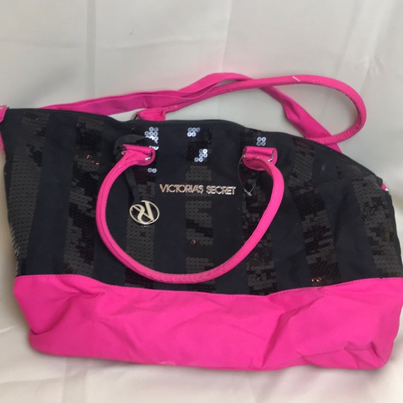 Victoria secrets carryall bag with zipper black sequins and hot pink - Picture 1 of 10